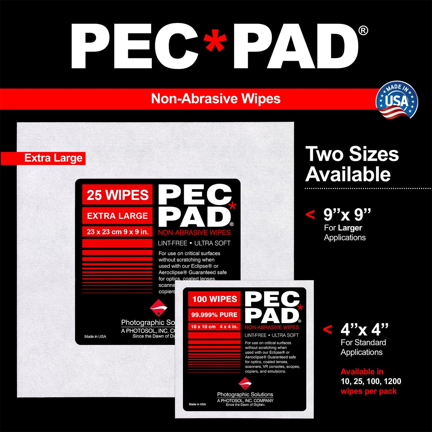 PEC-12 Photographic Emulsion Cleaner Kit and PEC-PAD Lint Free Non-Abrasive Wipes 4"x4" 100 Sheets per/Pkg - for Cleaning Film, Photo Negative, B&W