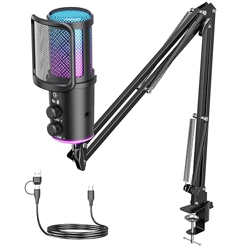 Gaming USB Microphone, Noise Cancellation Condenser Mic with Mute,Boom Arm Mic-Reverb Adjustment, Monitoring for Streaming, Podcasting, Discord