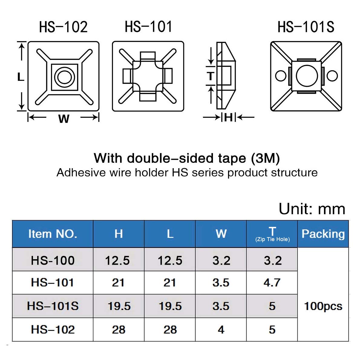 XHF 200 PCS 1/2" Black Self Adhesive Cable Zip Tie Mounts Wire Cable Clips Holders Management Anchors Organizer Holders Squares(HS-100)
