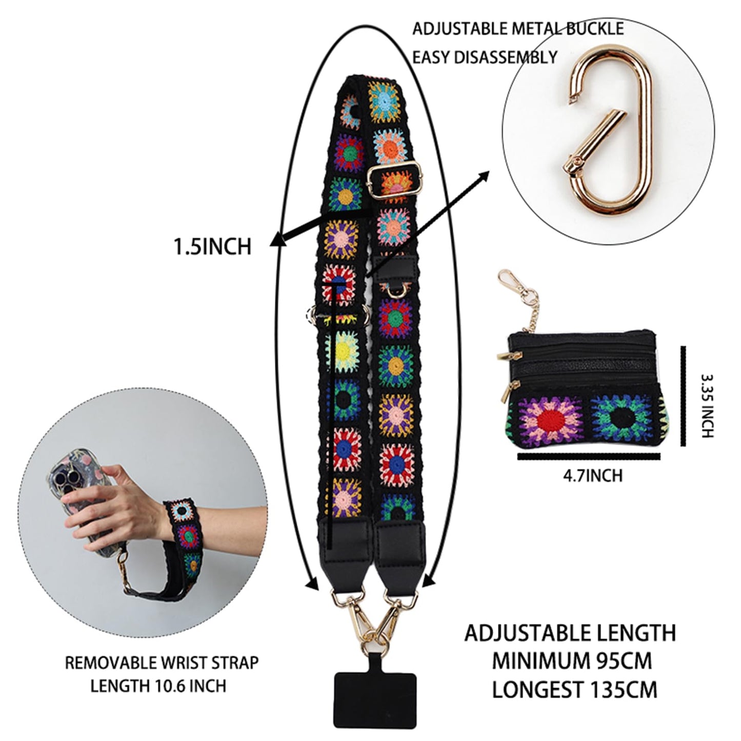 KSOPUERT Crossbody Phone Strap with Zippered Pouch,Clip and Go Strap for Phone with Wallet Crossbody,Adjustable Cell Phone Lanyard Wrist/Neck