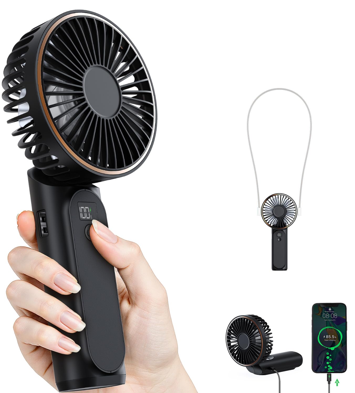 TUNISE Portable Handheld Fan, Portable Fan Rechargeable, 4000mAh, 180° Adjustable, 6 Speed Wind, Display Electricity in Real Time, USB Rechargeable