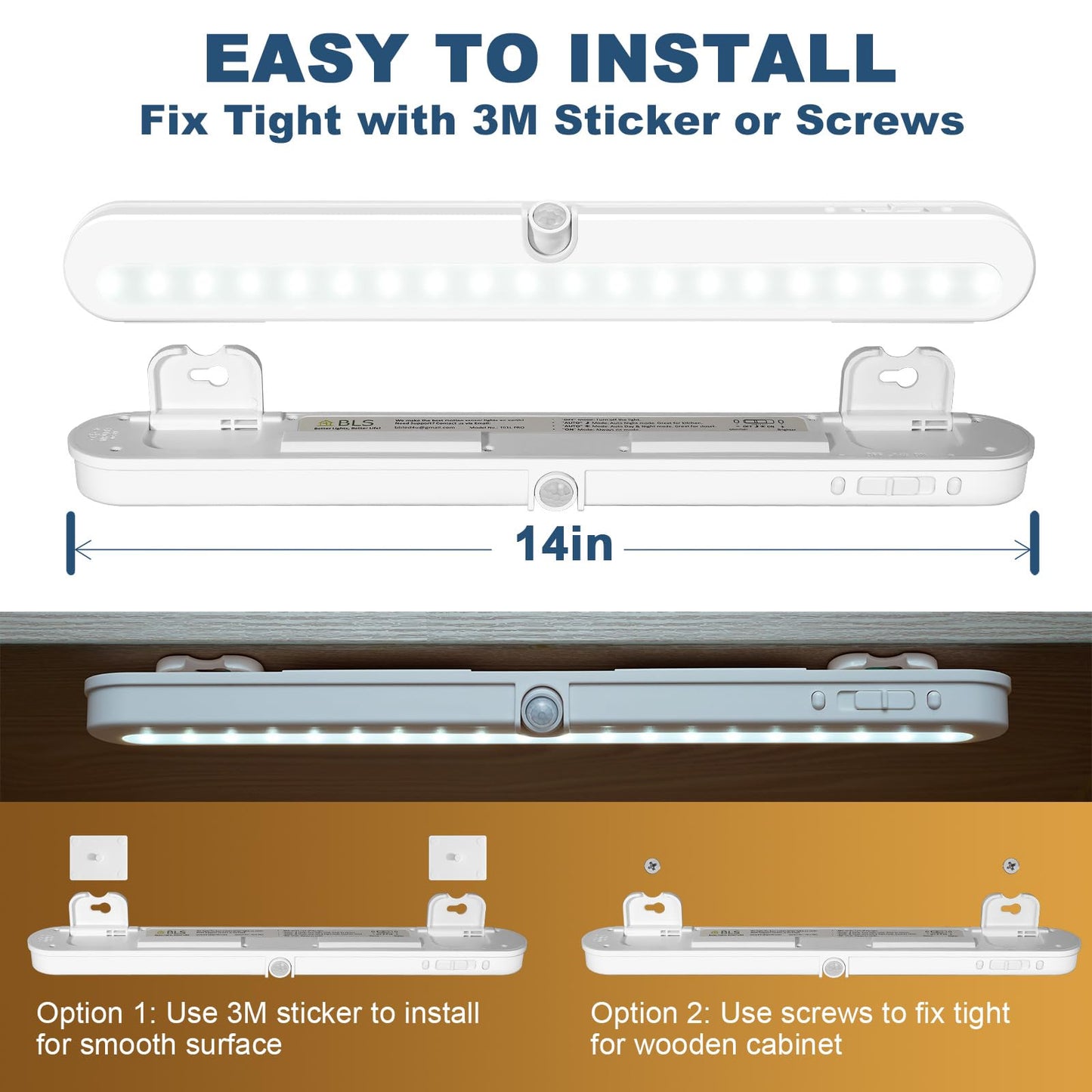 BLS T01L LED Closet Light, Super Bright 20 LED Under Cabinet Lighting Battery Powered/DC Input Wireless Motion Sensing Light, Auto On Off Switch