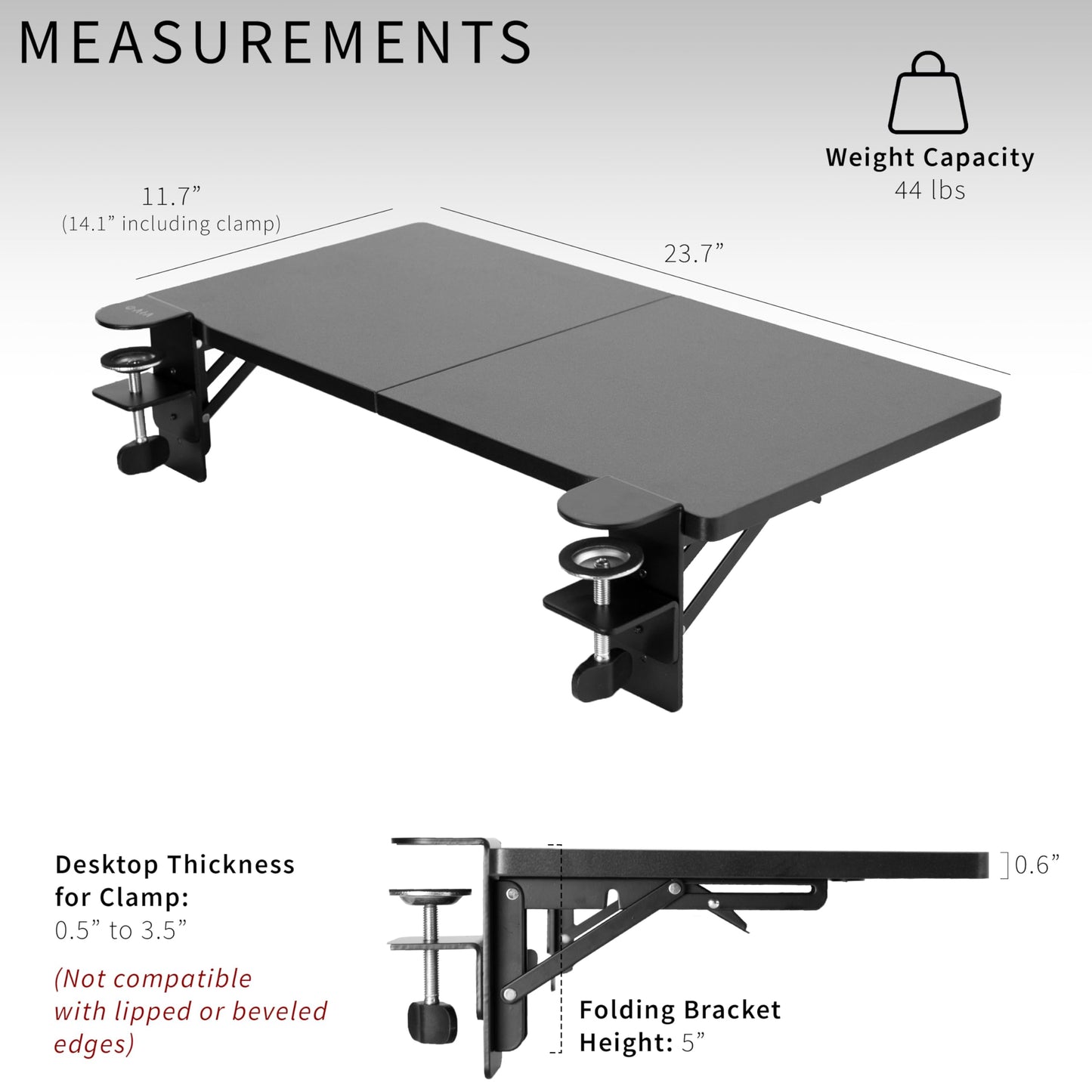 VIVO Clamp-on 24 x 12 inch (14 Including Clamps) Desk Extender, Wrist Support, Foldable Keyboard Tray, Table Mount for Sit Stand Desks, Black