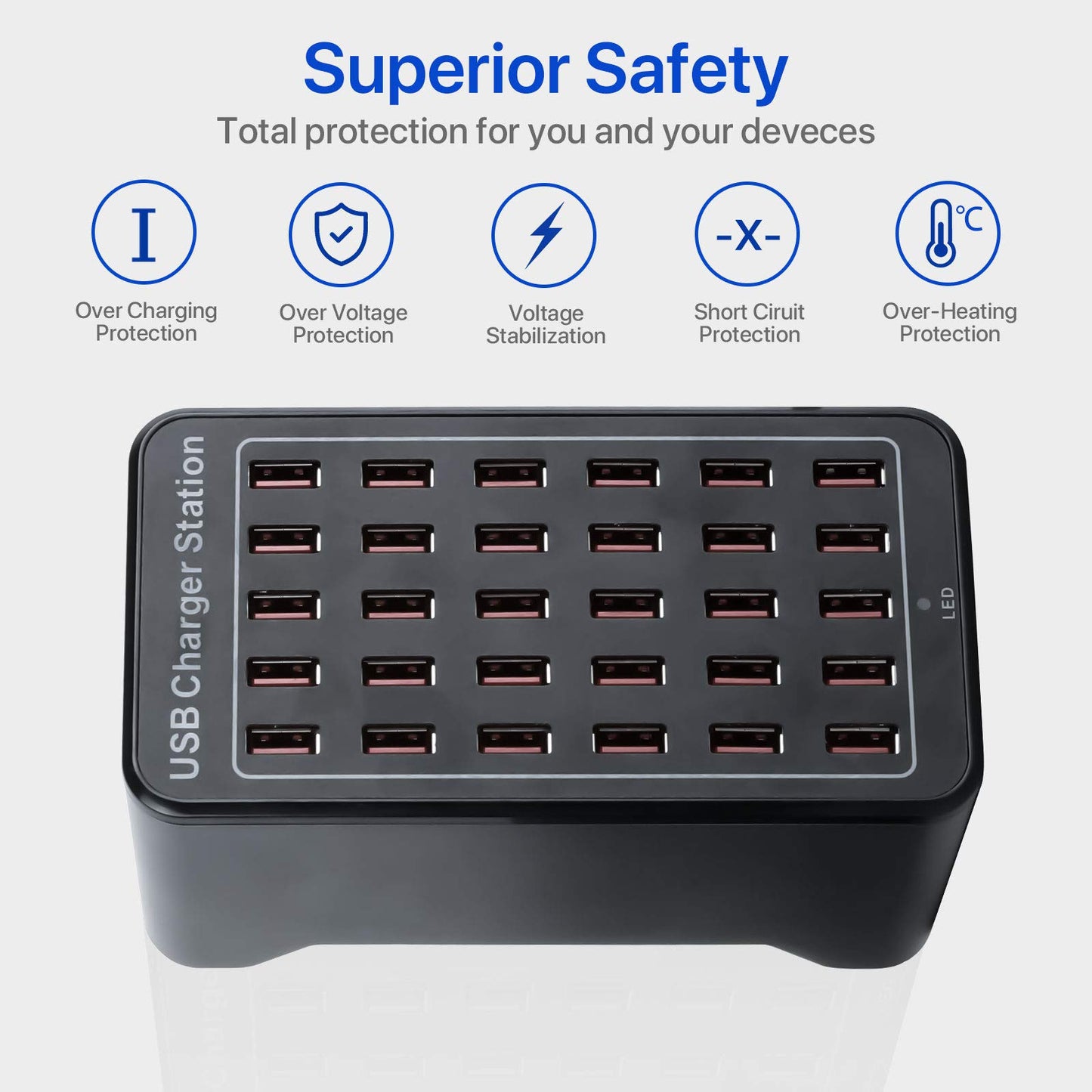 30-Port Charger, USB Charger Station, USB Fast Charger, Smart Charging Recognition, Suitable for Travel, Family Gatherings, Schools, Shopping malls
