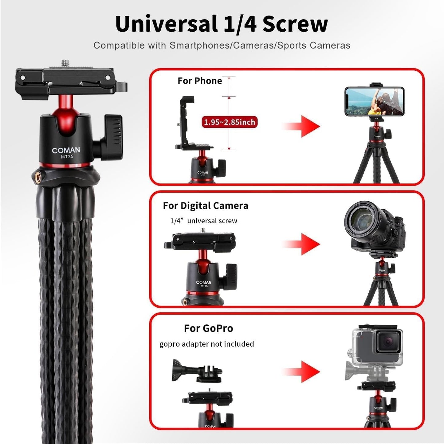 COMAN Phone Tripod,Flexible Mini Phone Tripod, Waterproof Tripod Stand for Camera GoPro, Hidden Cell Phone Tripod Mount with Cold Shoe, Portable