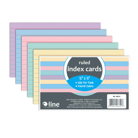 C-Line 3” x 5” Index Cards, Assorted Colors, Ruled, 100/PK (48810)