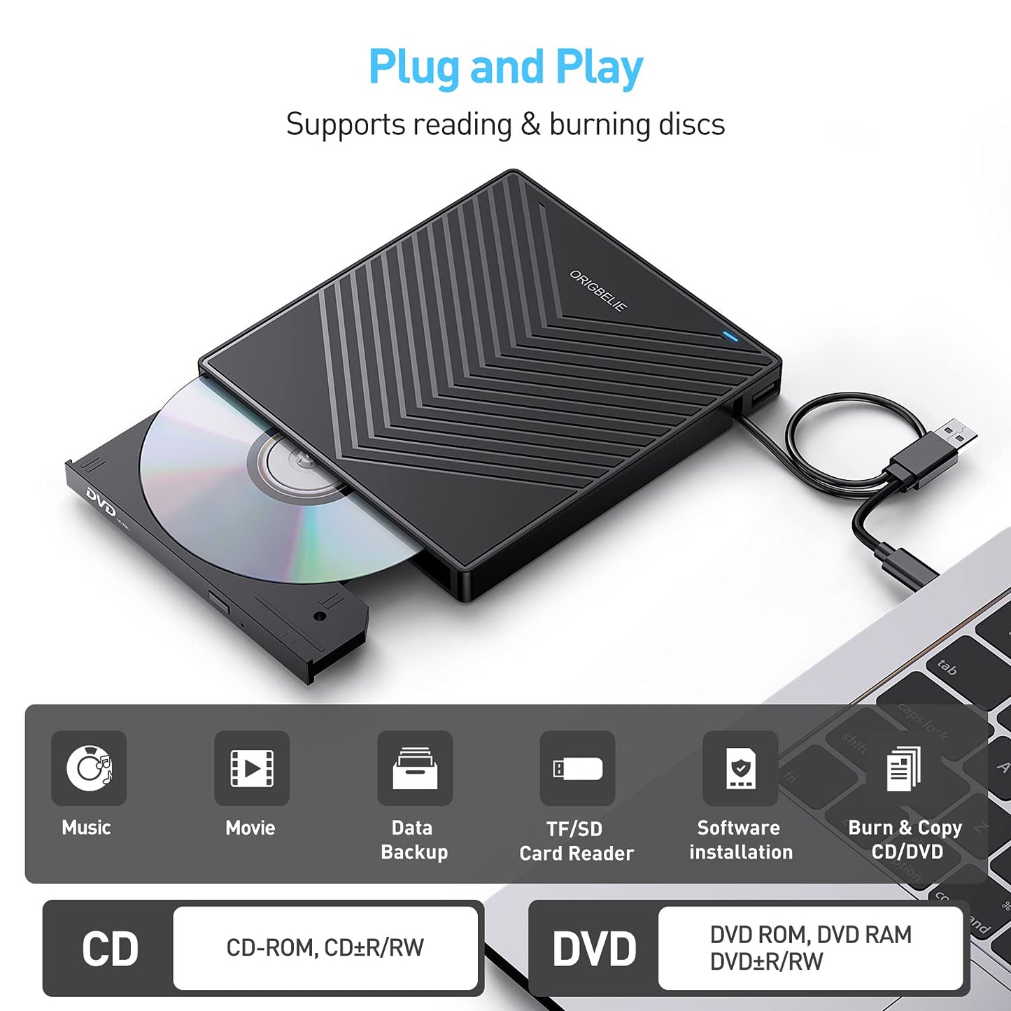 ORIGBELIE External CD DVD Drive, Ultra Slim CD Burner USB 3.0 with 4 USB Ports and 2 TF/SD Card Slots, Optical Disk Drive for Laptop Mac, PC Windows