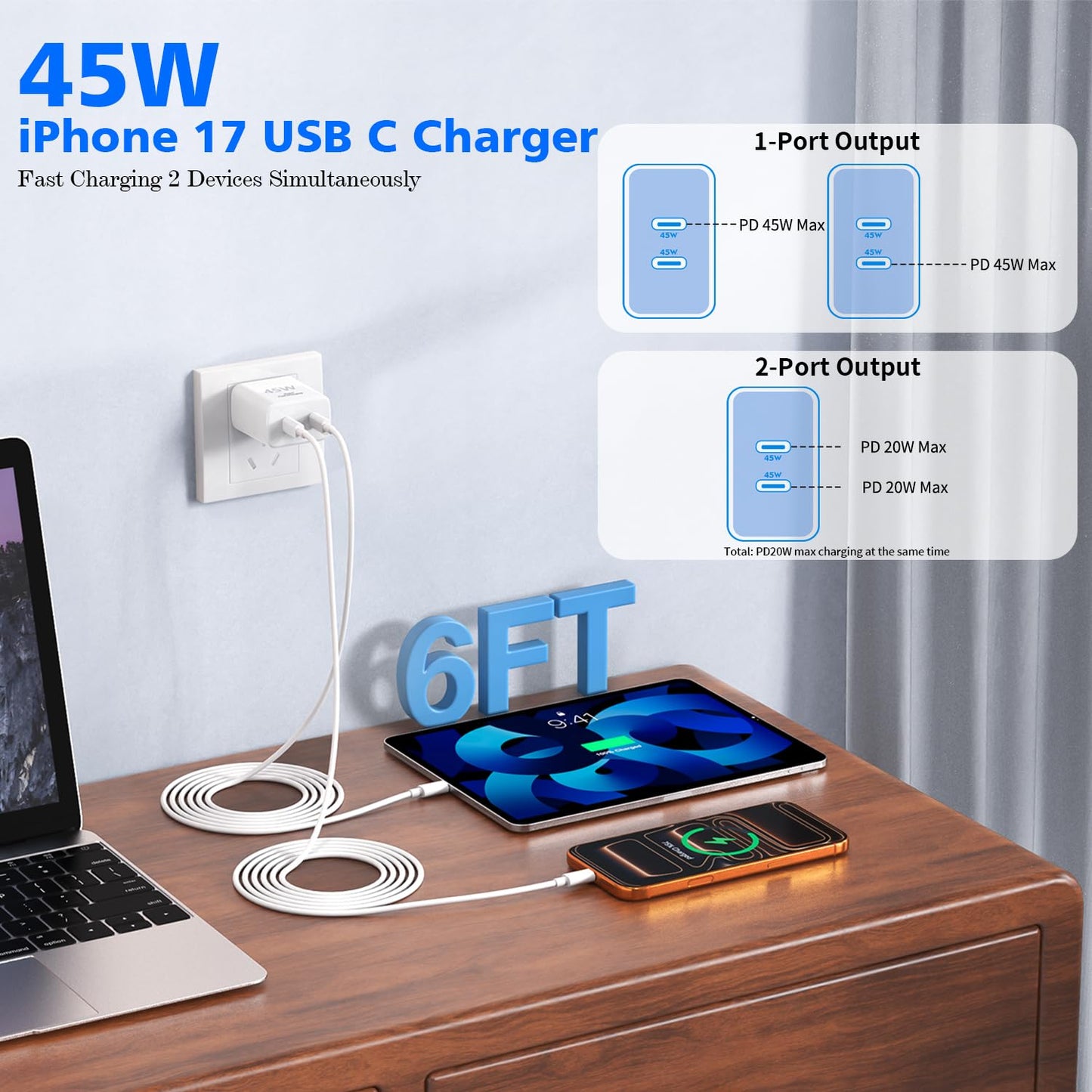 iPhone Charger Fast Charging,[Apple MFi Certified] 45W Dual Quick Apple Charger 2Pack 6FT Type C Block USB C to C Cable for iPhone 17E/17