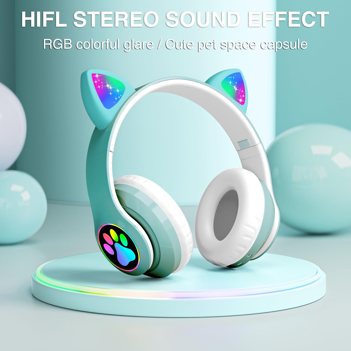 KERHAND Cat Ear Bluetooth Kids Headphones, LED Lights, Foldable, Green