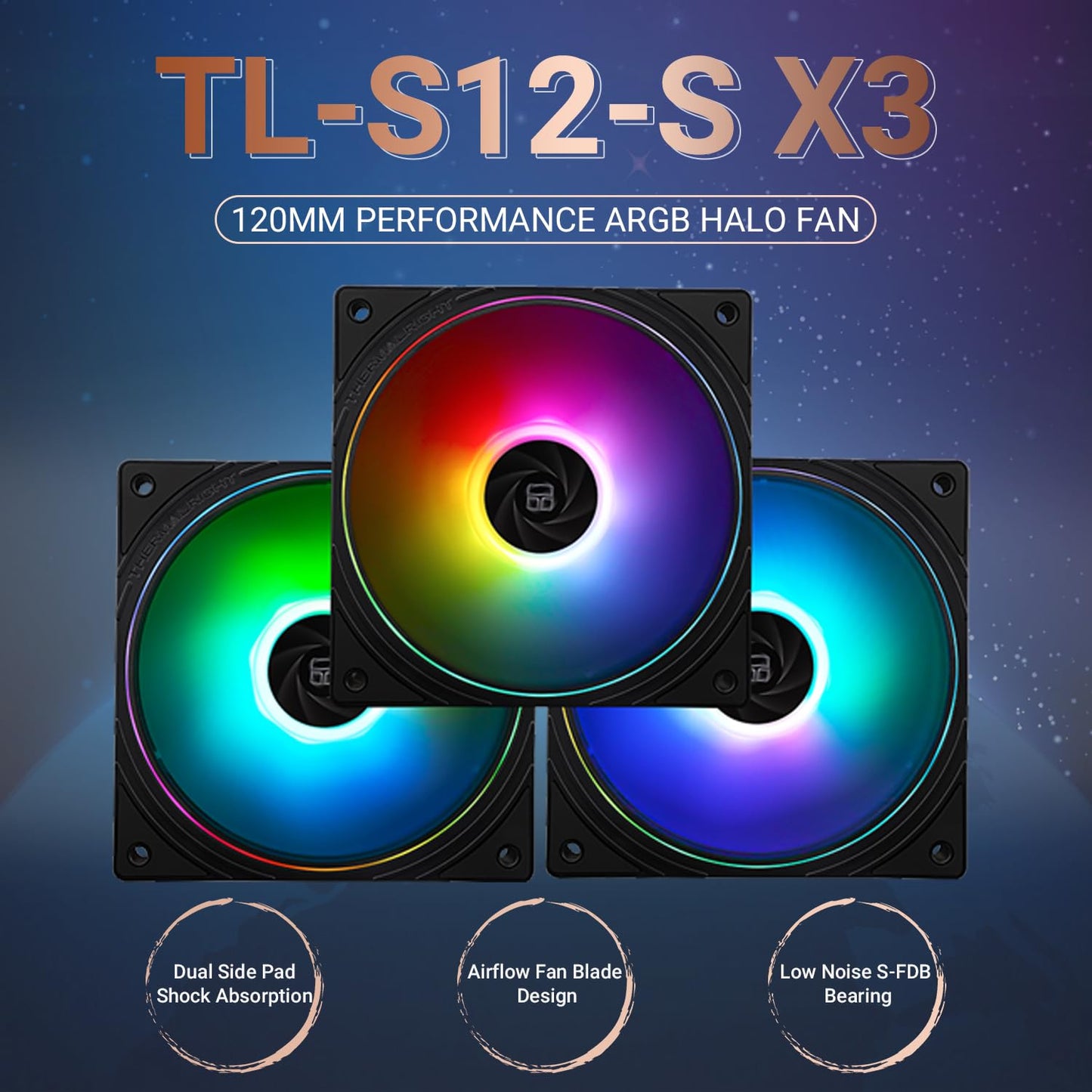 Thermalright TL-S12-S X3 CPU Fan 120mm ARGB Case Cooler Fan Comes with ARGB Lighting Effect,PC PWM Silent Computer Fan with 1500RPM Speed, CPU Cooling