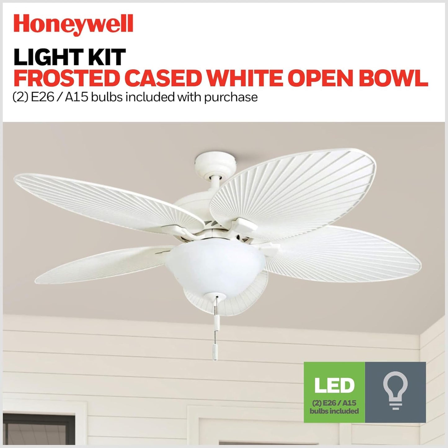 Honeywell Palm Island 52 Inch Tropical Indoor Outdoor Ceiling Fan, LED Light, 5 Palm Leaf Blades, Pull Chain Control, Quiet Motor, White