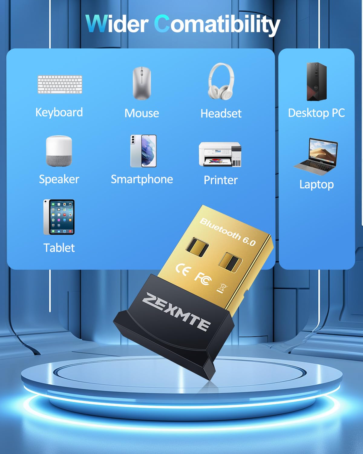 6.0 USB Bluetooth Adapter for PC, Bluetooth Dongle, Plug-and-Play for PC, Laptop, Mouse, Keyboard, Headsets, Speakers, Support Windows 11/10/8.1/7