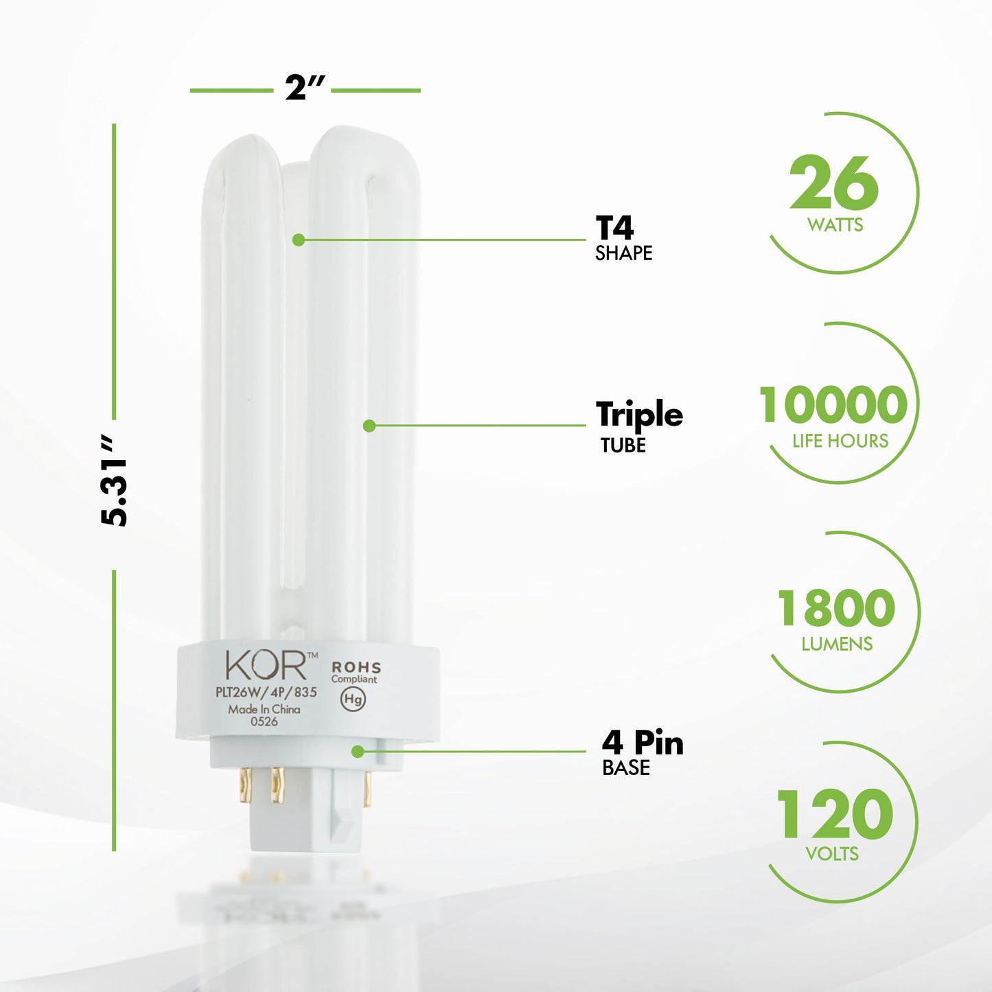 KOR 26W Triple Tube Compact Fluorescent Light Bulb, 4 Pack