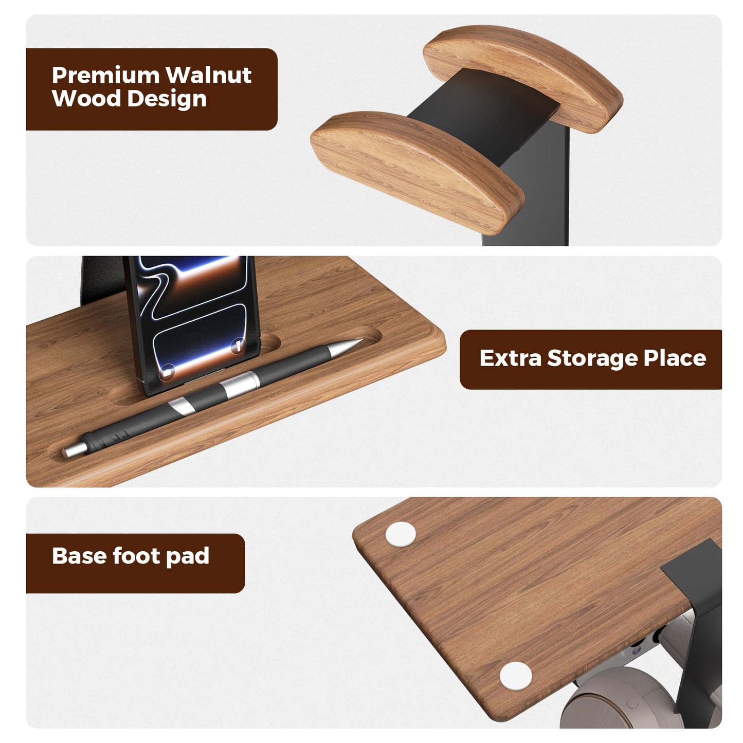 DEMEGA Walnut Headset Stand for Desk with Phone Holder | Headphone Stand Headphone Holder (Natural Wood)
