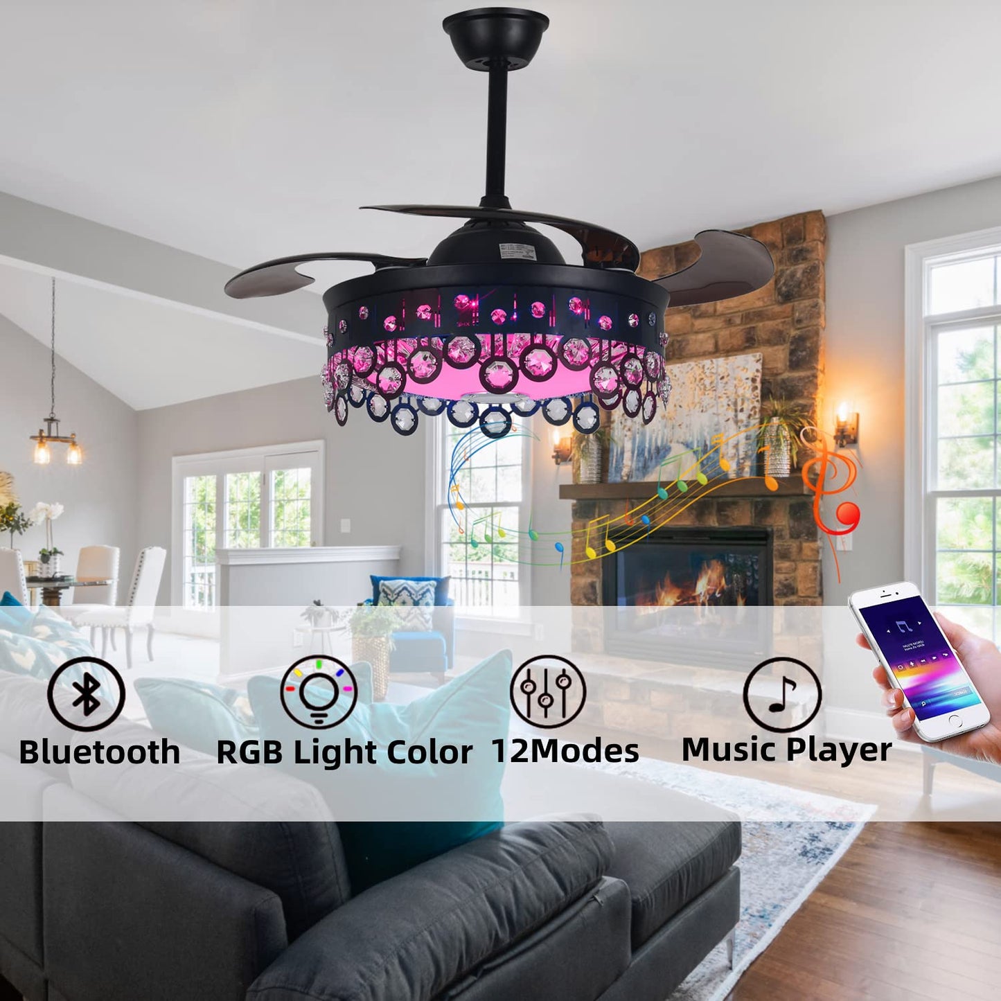 FANEPRO 42" Retractable Ceiling Fan with Lights Remote Control, Black Crystal Fandelier Smart 7 Color Dimmable LED Chandelier with Bluetooth Speaker