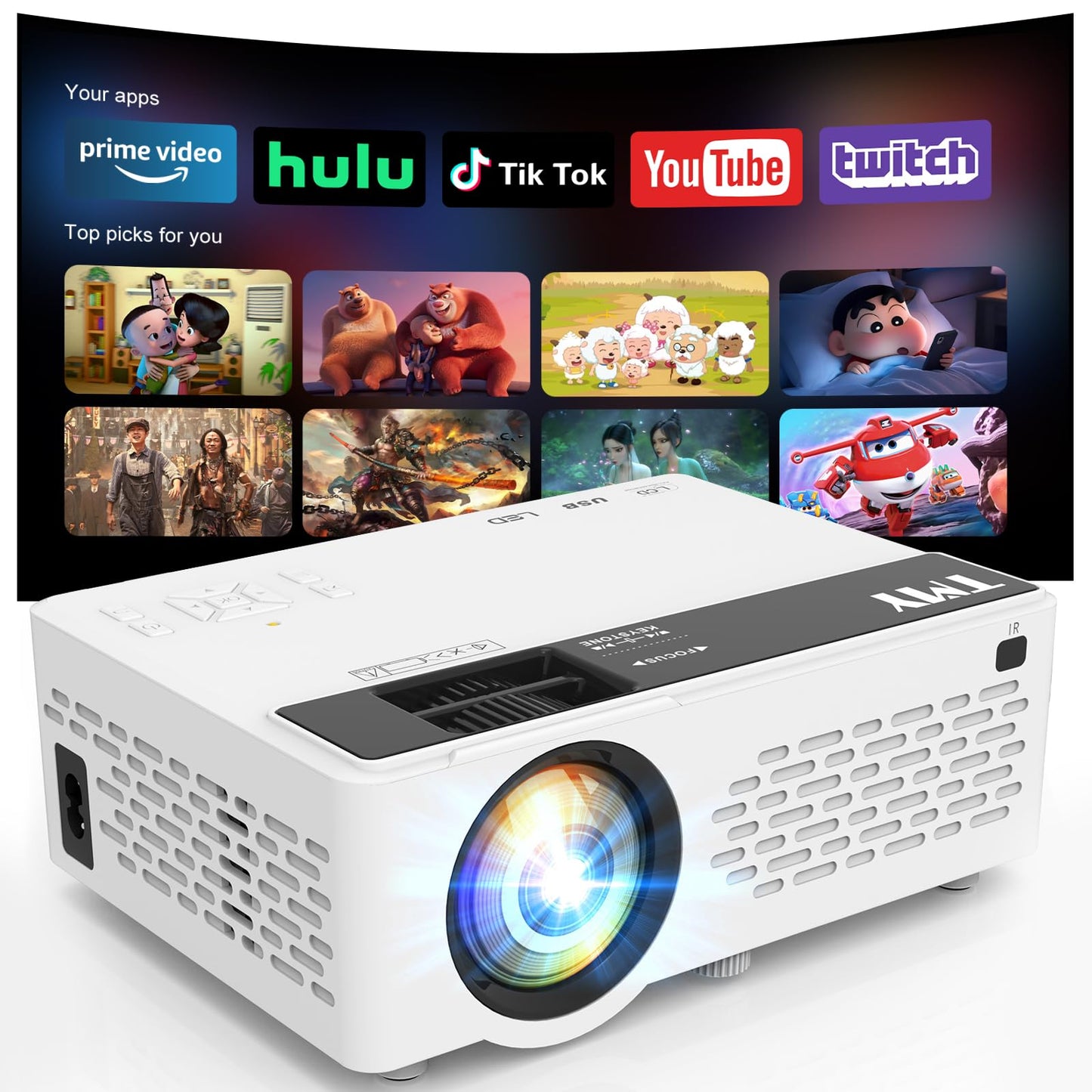 TMY Mini Movie Projector with WiFi and Bluetooth, Compatible with Netflix/Prime Video/YouTube, 1080P Full HD Portable Projector, for Smartphone/TV