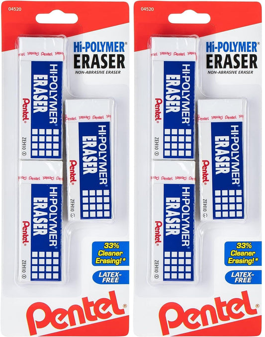 Pentel Hi-Polymer Block Eraser, Large, 3 Pack, White (ZEH10BP3-K6)- Pack of 2