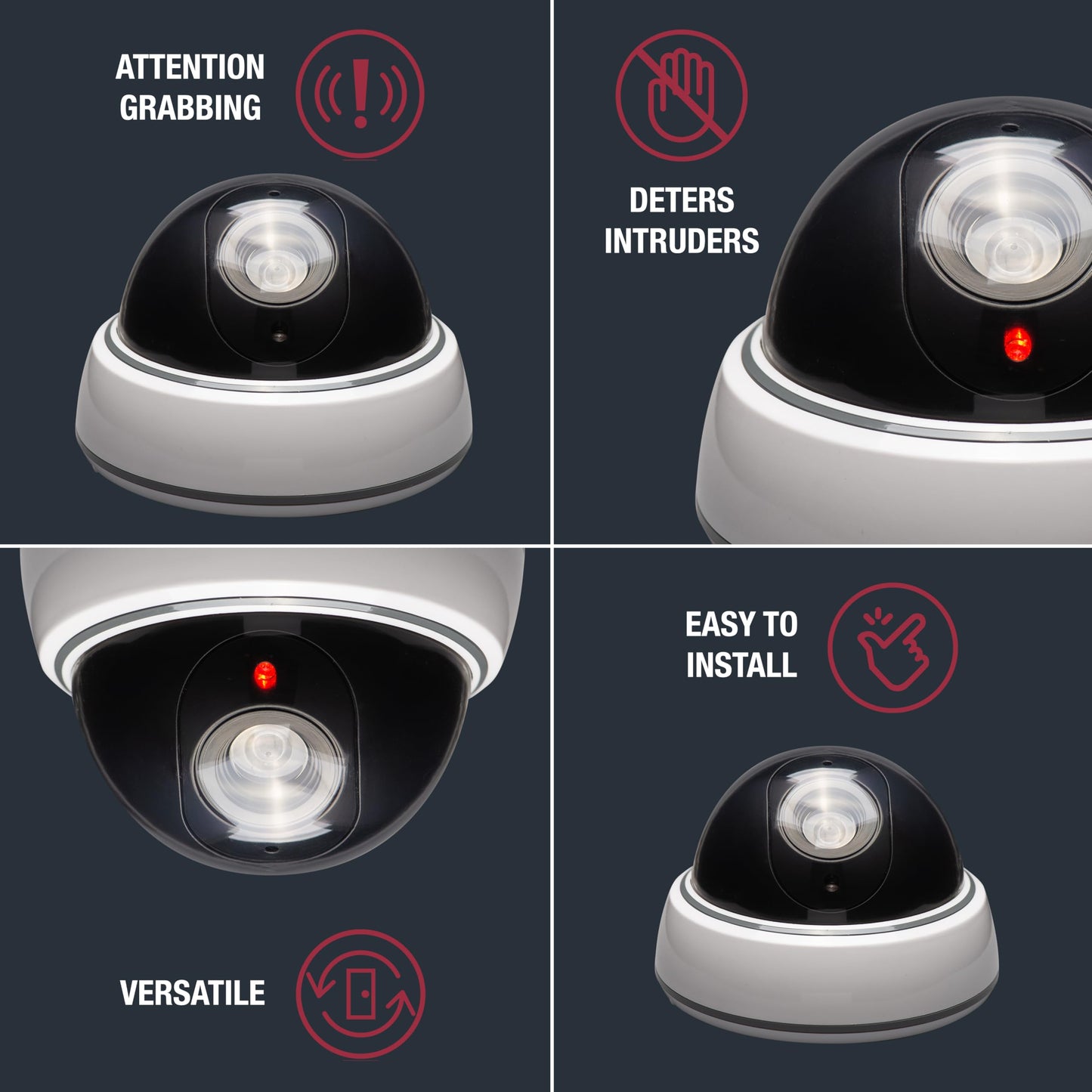 SABRE Fake Dome Security Camera, Flashing Red Light For Nighttime Visibility, Realistic Design Deters Intruders, Battery Operated, No Wiring Required