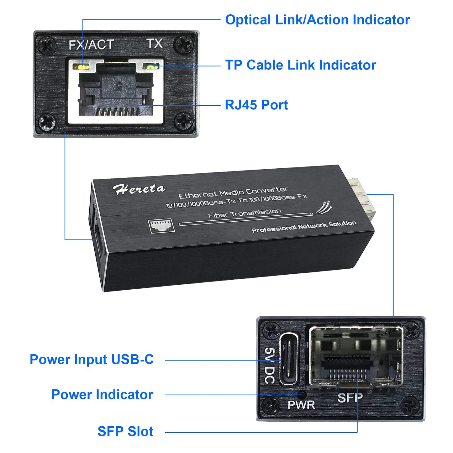 Industrial Gigabit Fiber Media Converter with Single Mode Dual Fiber SFP/LC Module 10/100/1000Base-TX to 100/1000Base-Fx Mini Ethernet Media Hardened