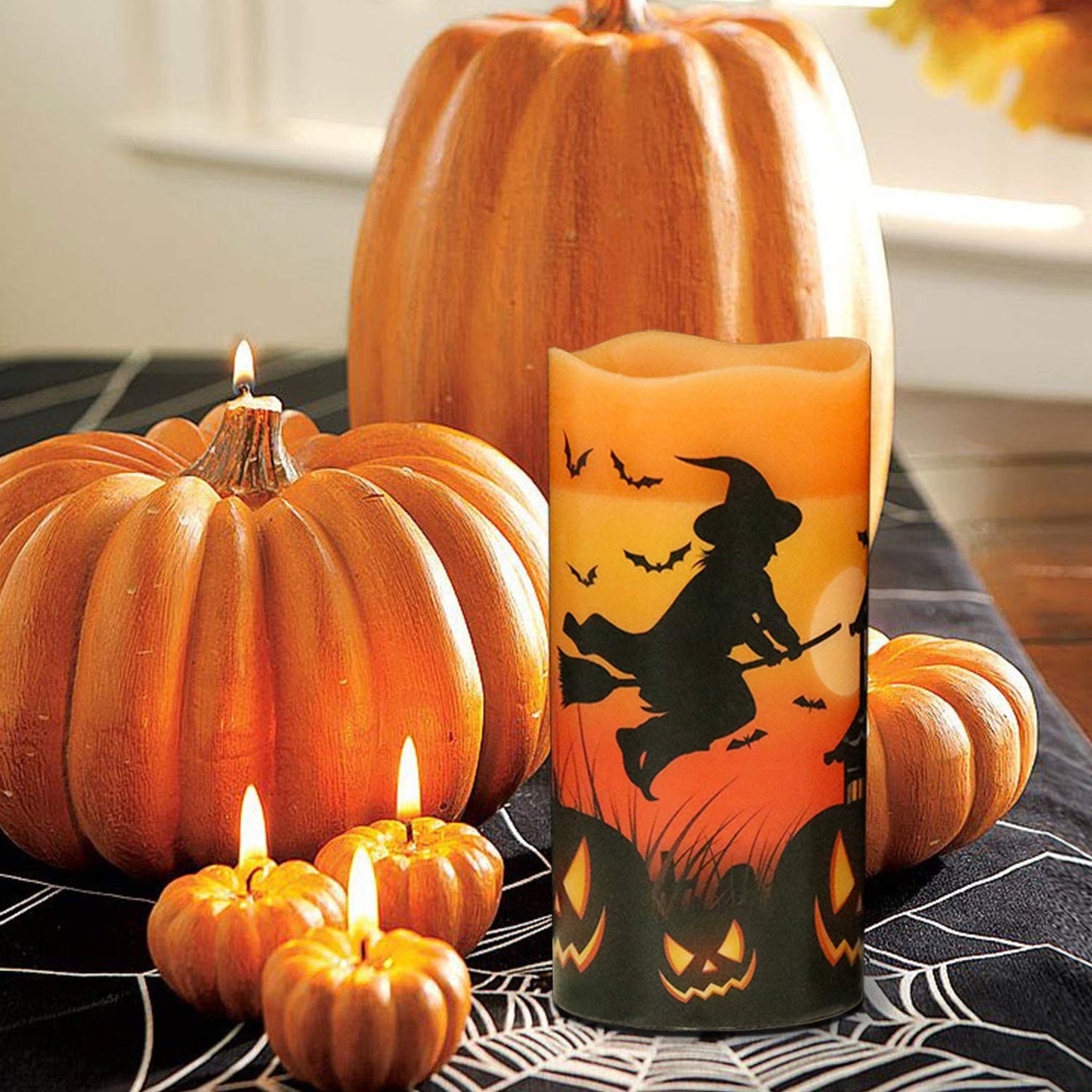 Eldnacele Halloween Flameless Flickering LED Candles with 6-Hour Timer, Battery Operated Wax Candles Assorted Decals Witch, Bats, Castle Set of 3