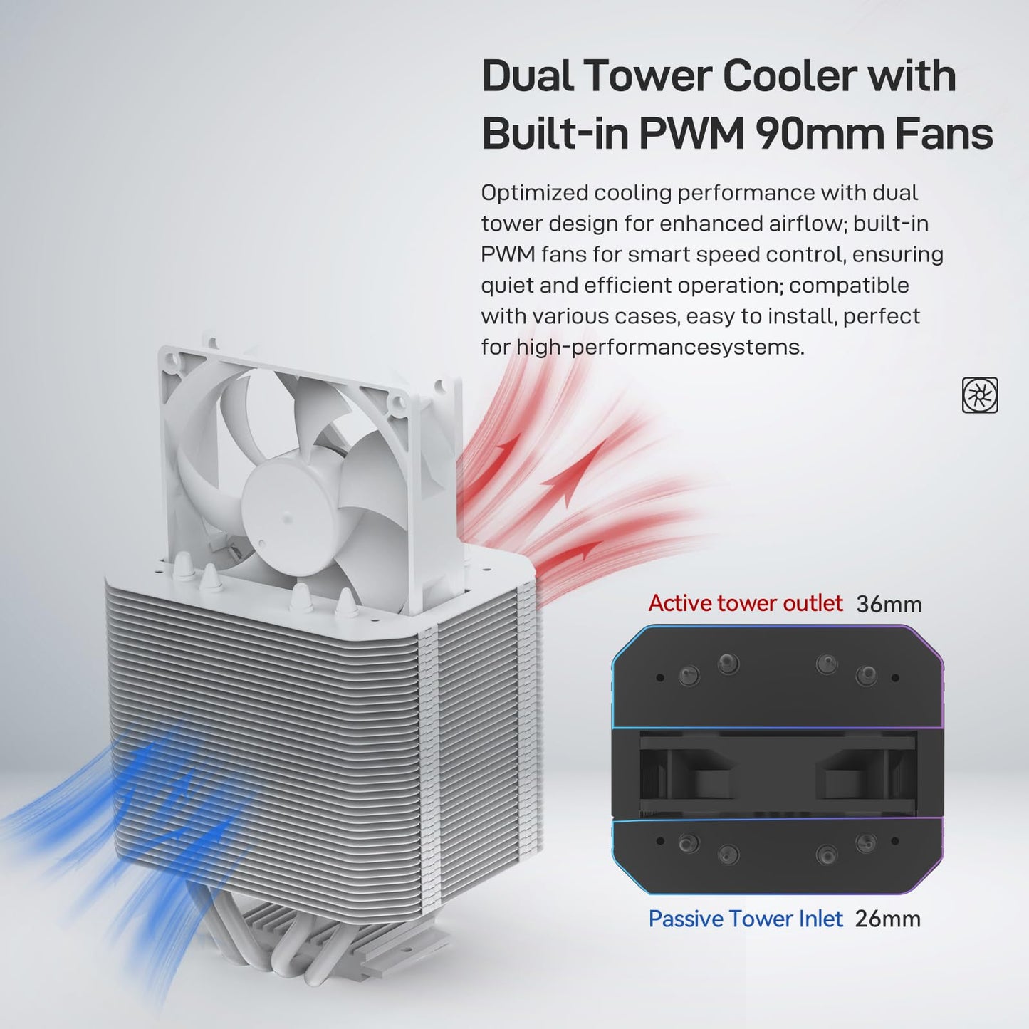ALSEYE M90 CPU Cooler, Hidden Fan Designed Dual Tower Air-Cooled CPU Cooler with ARGB Light Effect Cover Compatible with Both Intel and AMD Platform