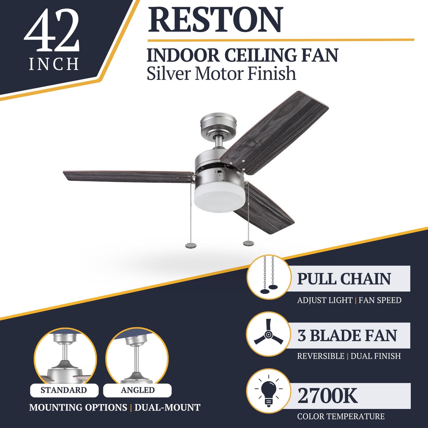 Prominence Home Reston, 42 Inch Modern Farmhouse LED Ceiling Fan with Light, Pull Chain, Dual Mounting Options, Dual Finish Blades, Reversible Motor