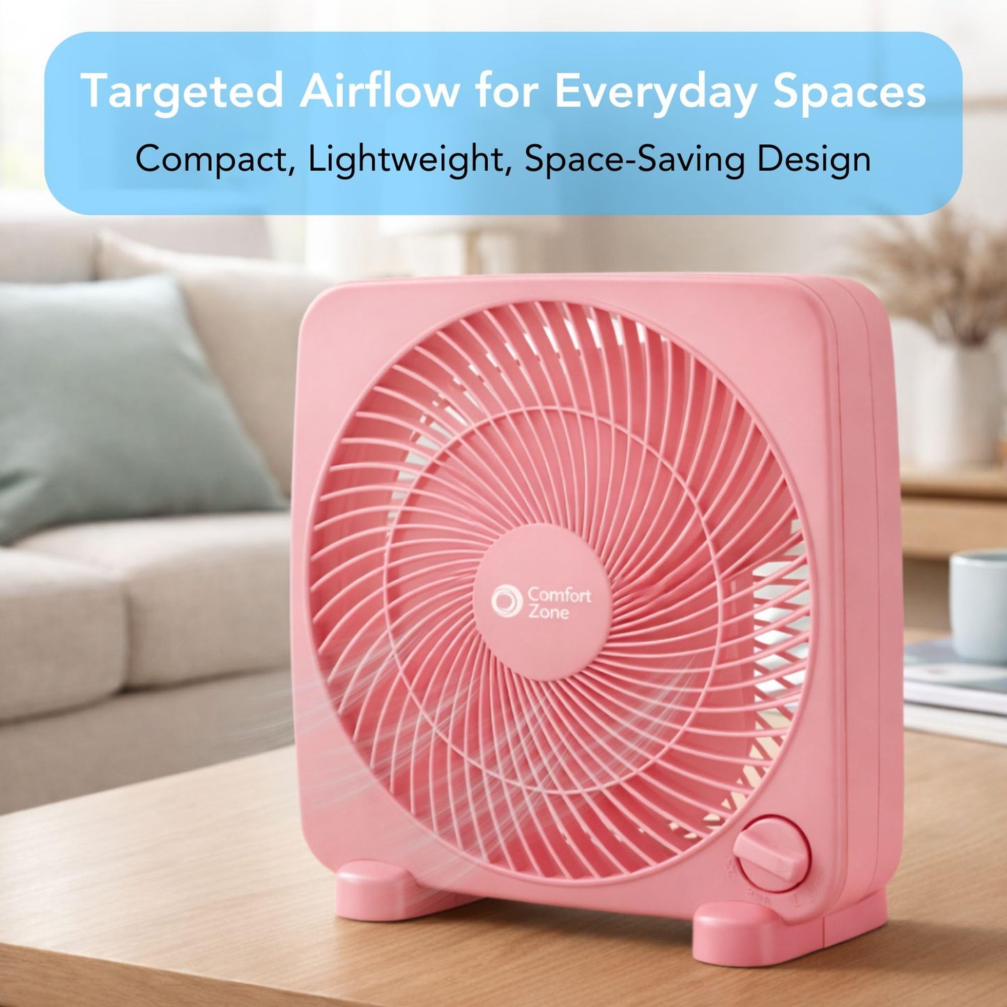 Comfort Zone 9-inch Portable Box Fan, Pink