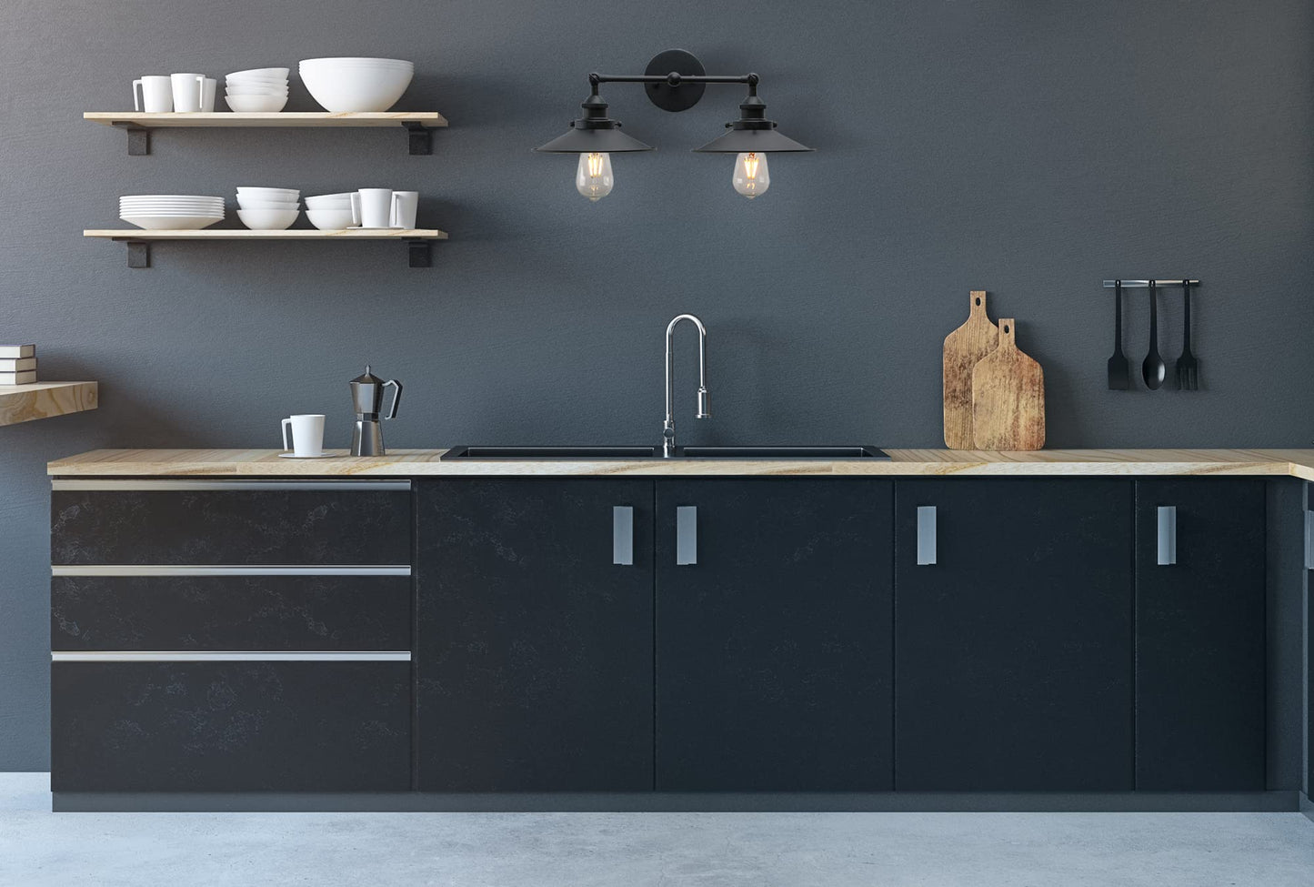 Phansthy Vintage Industrial Farmhouse Wall Sconces, Matte Black 2-Light Kitchen Wall Lighting, Bathroom Vanity Light Fixtures with 8.5 Inches Cone