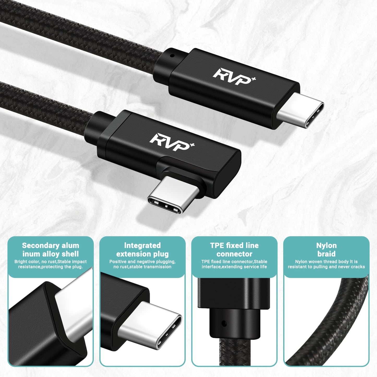 RVP+ 90 Degree USB C to USB C Cable (20Gbps, 2Pack, 9FT), 100W Right Angle USB C Charger, 4K Video Output with E-Marker for Thunderbolt 4/3 - Black