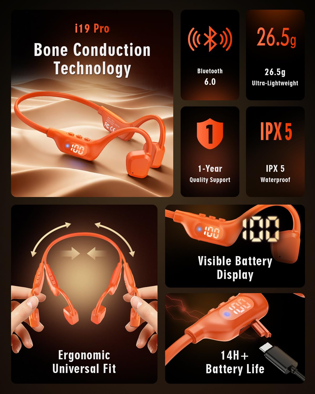 Arciea Bone Conduction Headphones, 14H Playtime Bluetooth 6.0 Open-Ear Earbuds with Mic, IPX5 Waterproof Lightweight Headset, Wireless Sport Earphones