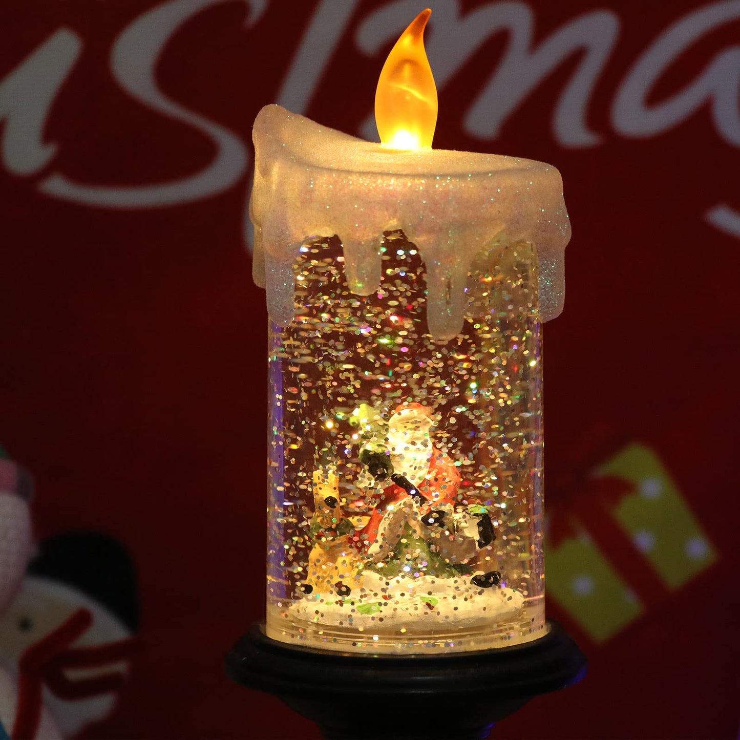Eldnacele Battery Operated Lighted Flameless Candles Christmas Snow Globe Candle Light Swirling Water Glittering Spinning Candles for Home