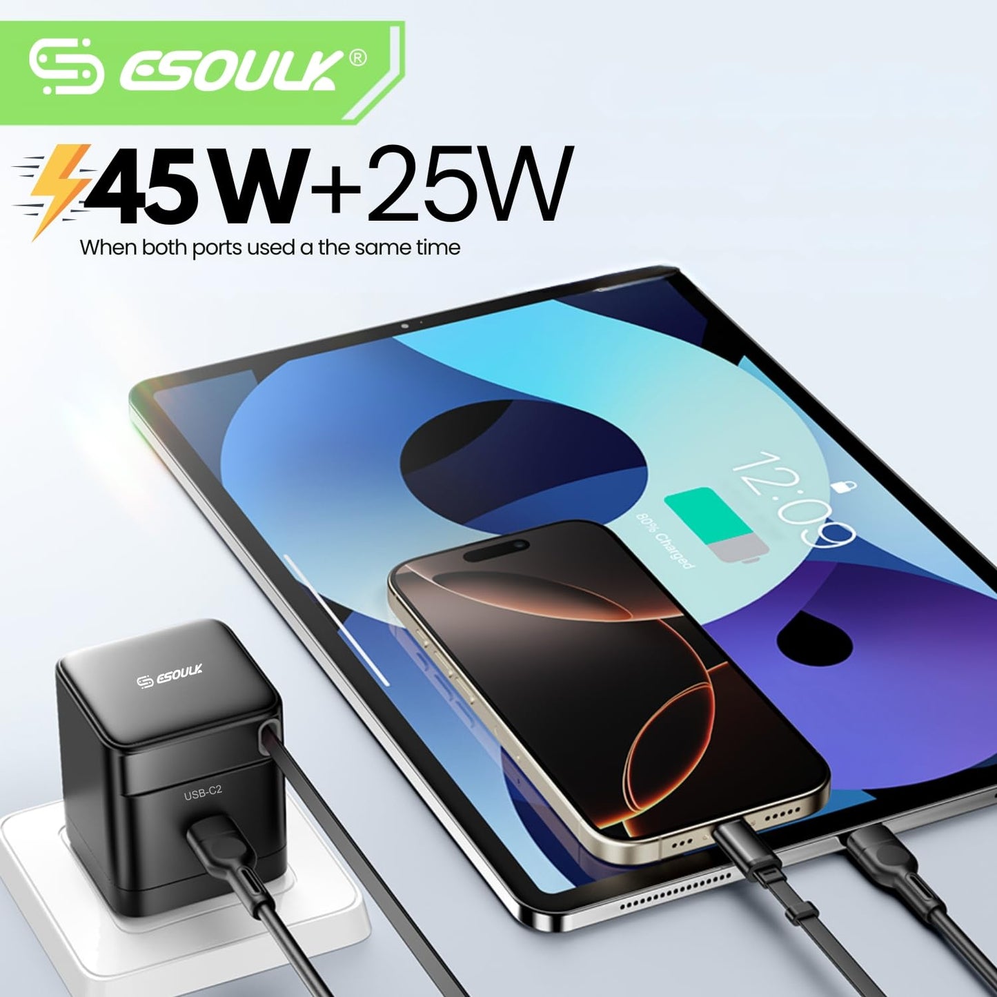 [Esoulk] 65W GaN USB C Charger with 27.5" Retractable Cable, Dual Port Fast Charger with Foldable Plug for iPhone, MacBook & Samsung