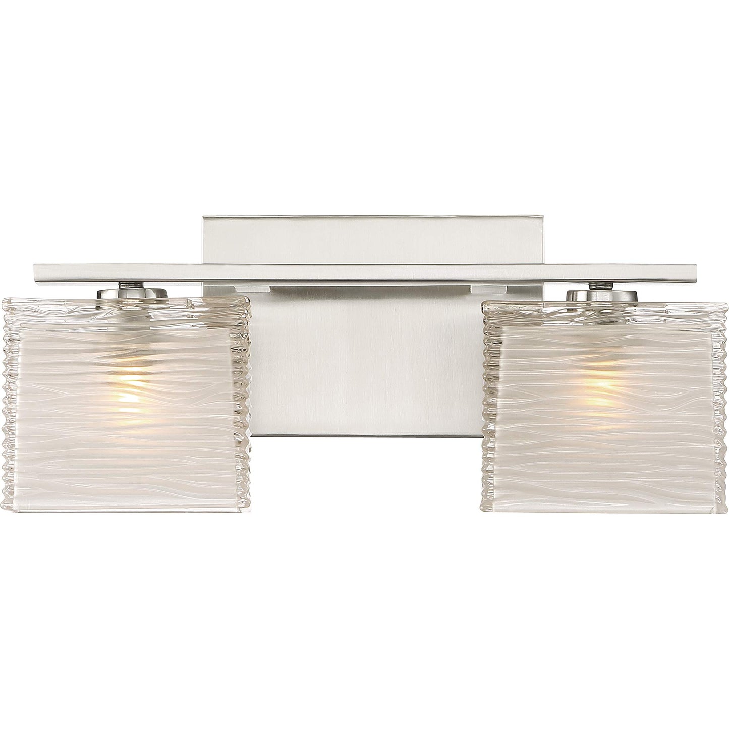 Quoizel Westcap Modern Vanity Lights, 2-Light, 15 Inch Brushed Nickel Bathroom Lighting Fixtures Over Mirror, Sandblasted Glass, G9 Bulb, Transitional