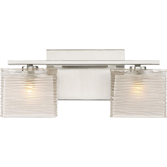 Quoizel Westcap Modern Vanity Lights, 2-Light, 15 Inch Brushed Nickel Bathroom Lighting Fixtures Over Mirror, Sandblasted Glass, G9 Bulb, Transitional