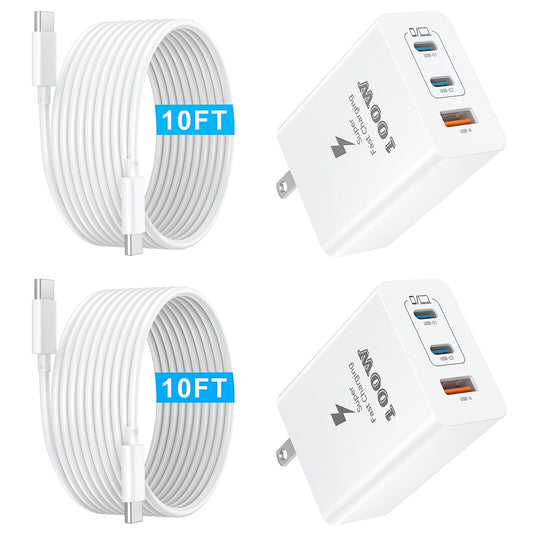 USB C Fast Charger Block 100W 3-Ports Type C Wall Charger Compact GaN Multiport Adapter with 10FT USBC Charging Cable Cords*2 Pack for MacBook