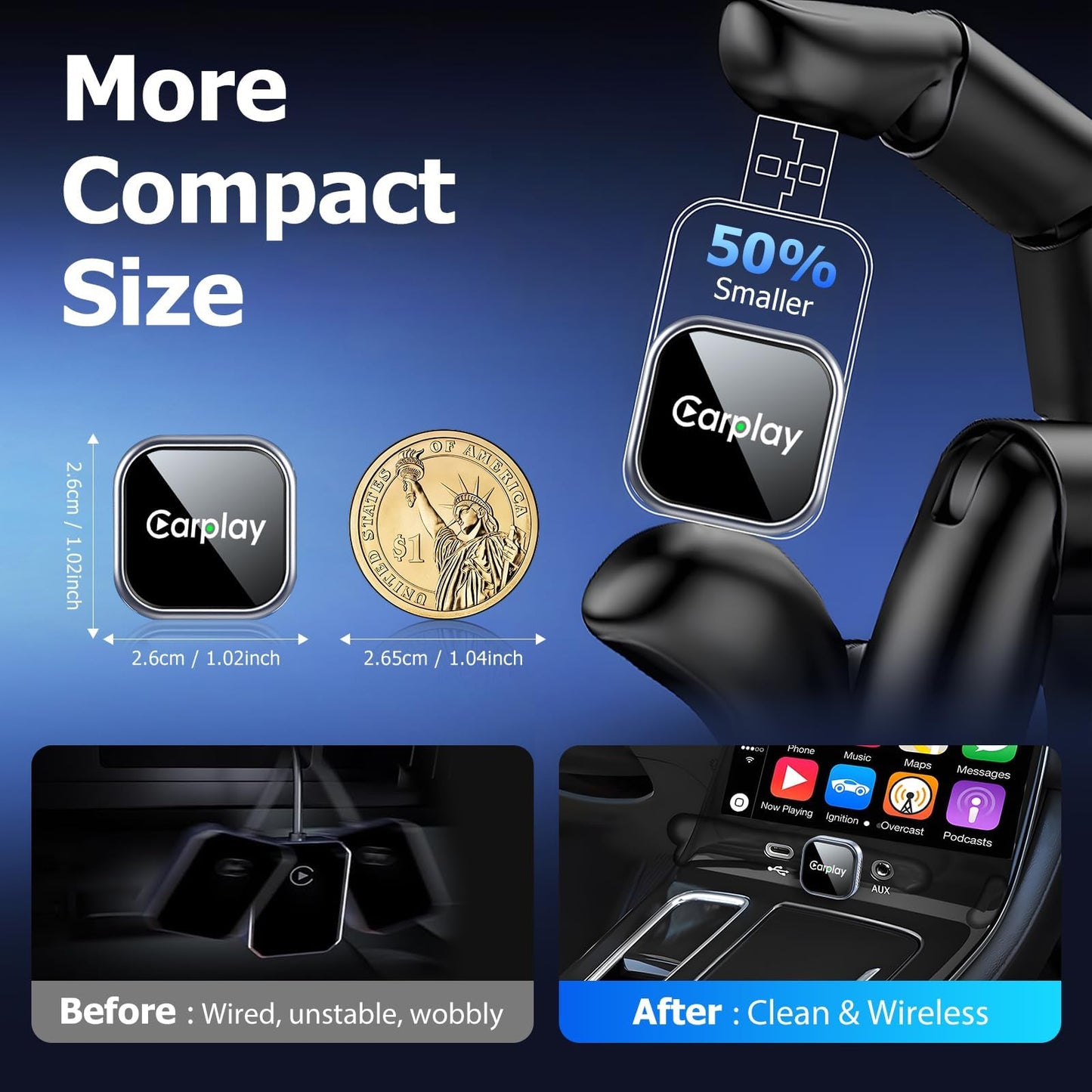 Wireless CarPlay Adapter for iPhone - Converts Wired to Wireless CarPlay, Plug & Play with Stable & Instant Connection, Compact Design with iOS
