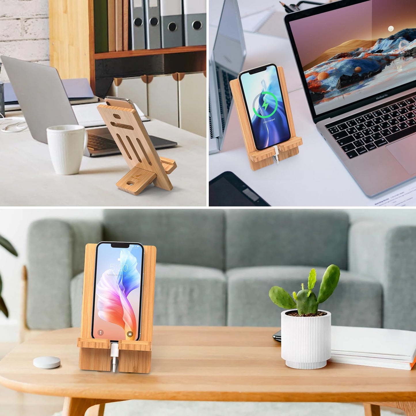 Pezin & Hulin Cell Phone Tablet Stand, Bamboo Wooden Smart Phone Desktop Charging Dock Holder Compatible with Pad, 8 Plus X XS Max XR, All Android