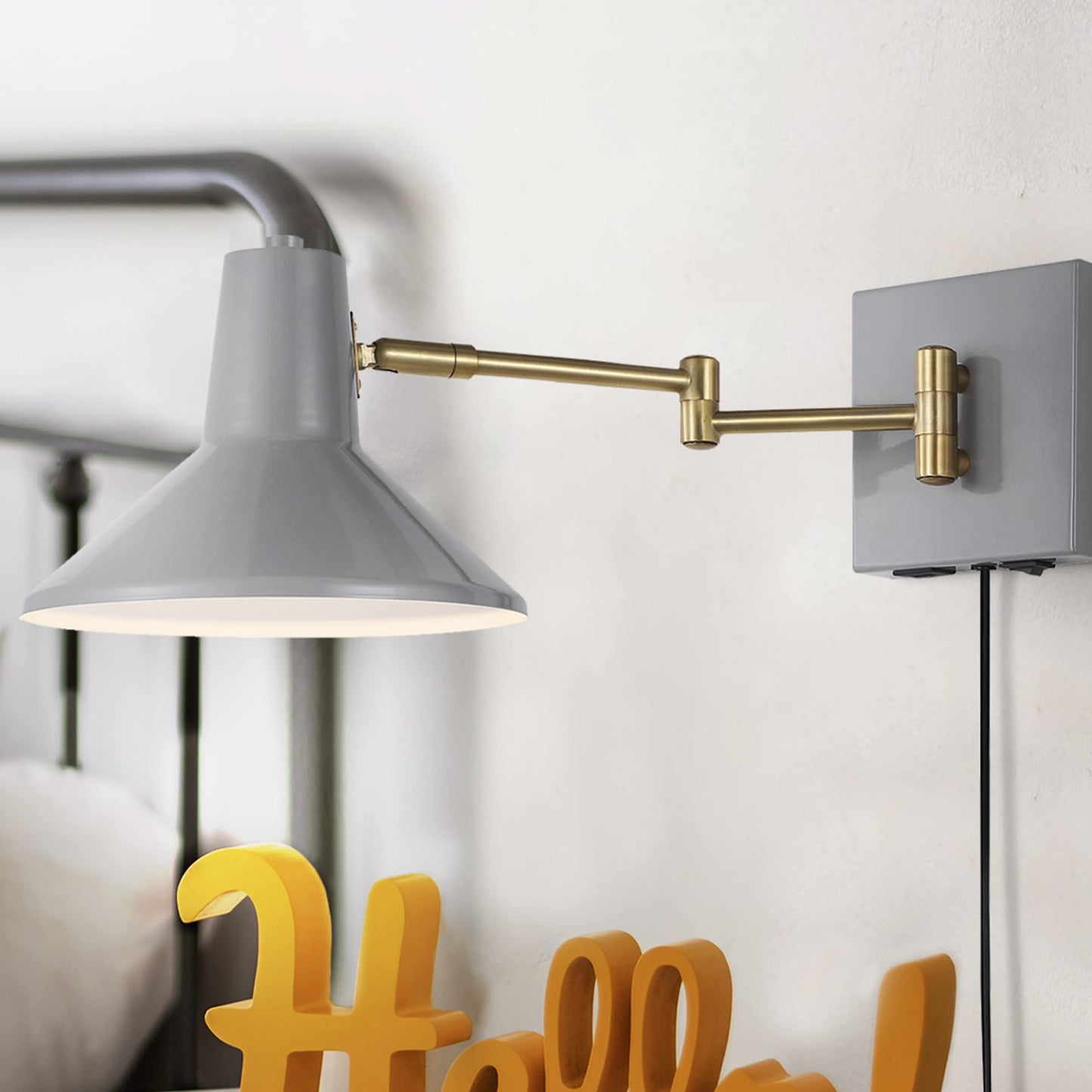 JONATHAN Y 16" Grey/Brass Gold 1-Light Modern Swing Arm Sconce with USB Port, Plug-in Midcentury LED Bedside Lamp with White Iron Shade for Bedroom