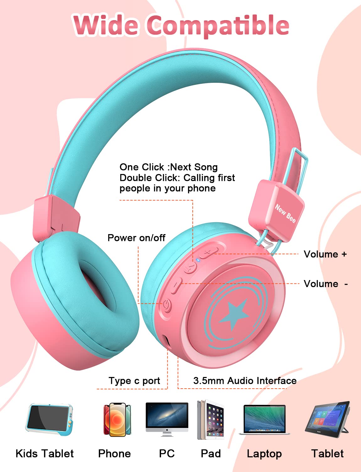 New Bee Kids Headphones Wired for School with Microphone KH20 HD Stereo Safe Volume Limited 85dB/94dB Foldable Lightweight…