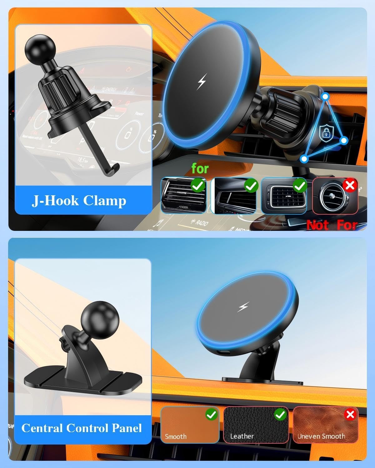 MagSafe Car Mount Charger, 3 in 1 [LED RGB HandsFree] Wireless Car Charger, Magnetic Phone Holders for Your Car- Fast Charging Car MagSafe Charger