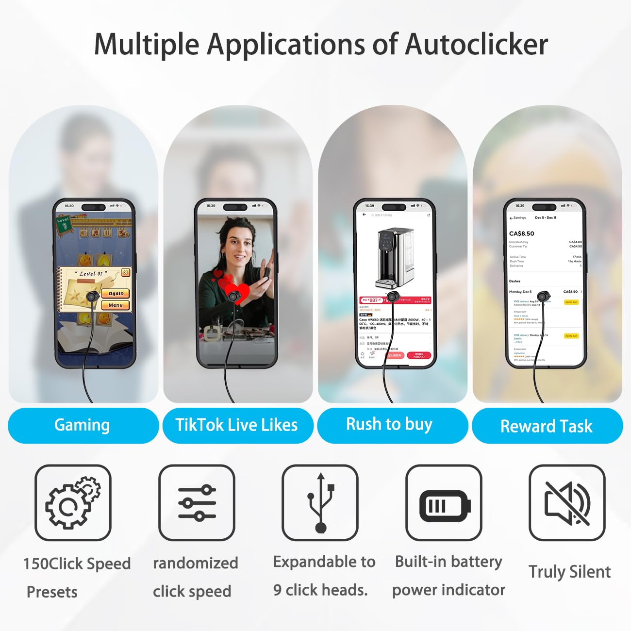 X2PRO Smartphone Auto Clicker: 150 Adjustable Speeds | Built-in Battery | Expandable to 9 clicking Tips | Random Speed Mode | for TikTok Live Likes