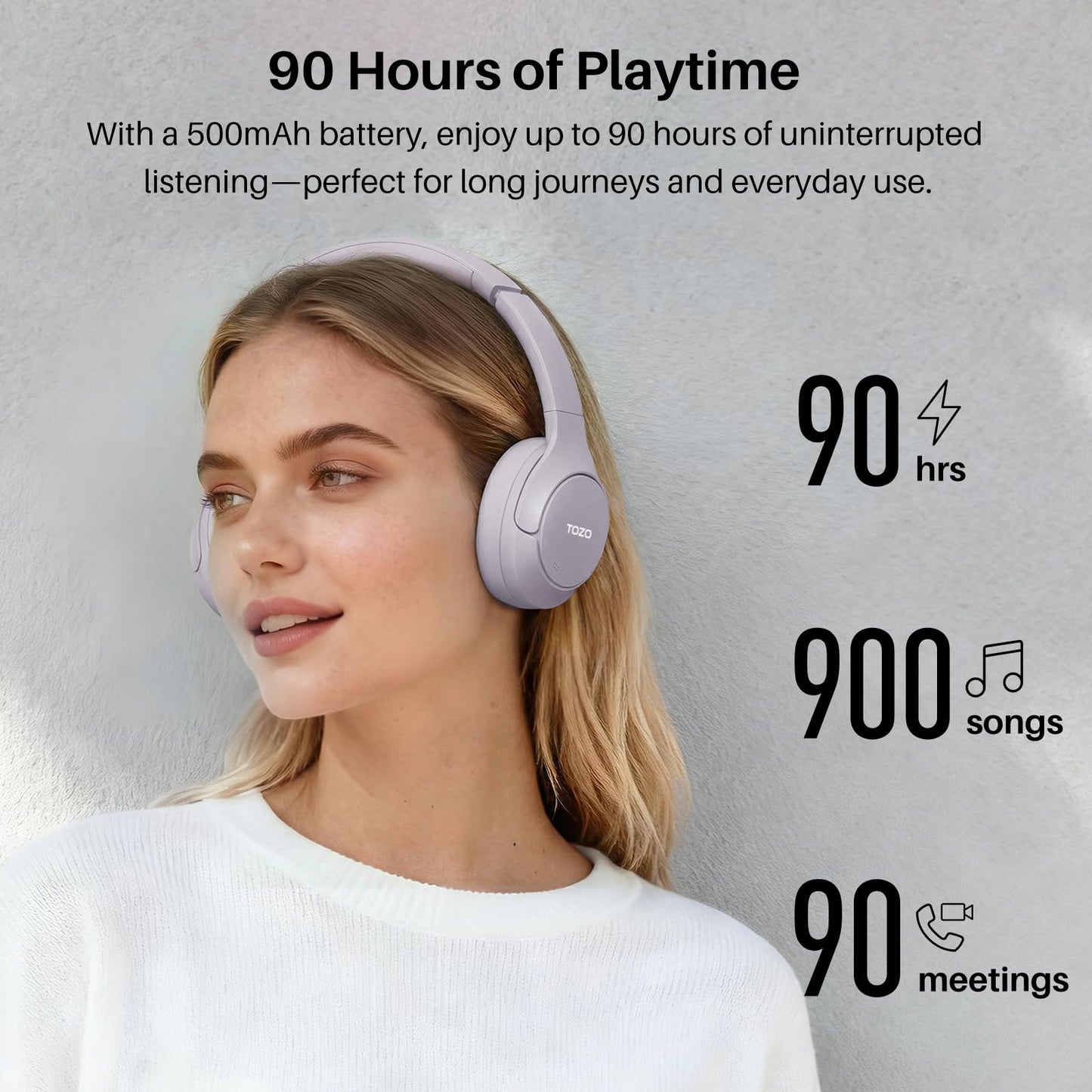 TOZO HT3 Hybrid Noise Cancelling Wireless Headphones, 90H Over Ear Headset