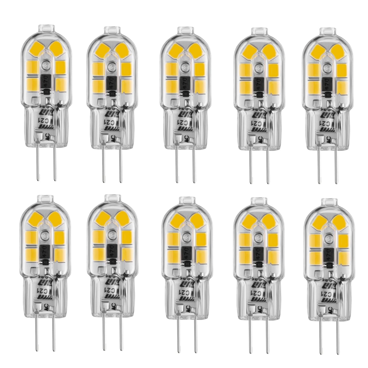 Sriomny G4 LED Bulbs 12V 2W [10-Pack] 3000K Warm White, 20W Halogen Replacement, 180LM - JC Bi-Pin Base for Bedroom, Chandelier, Cabinet Lights IP65