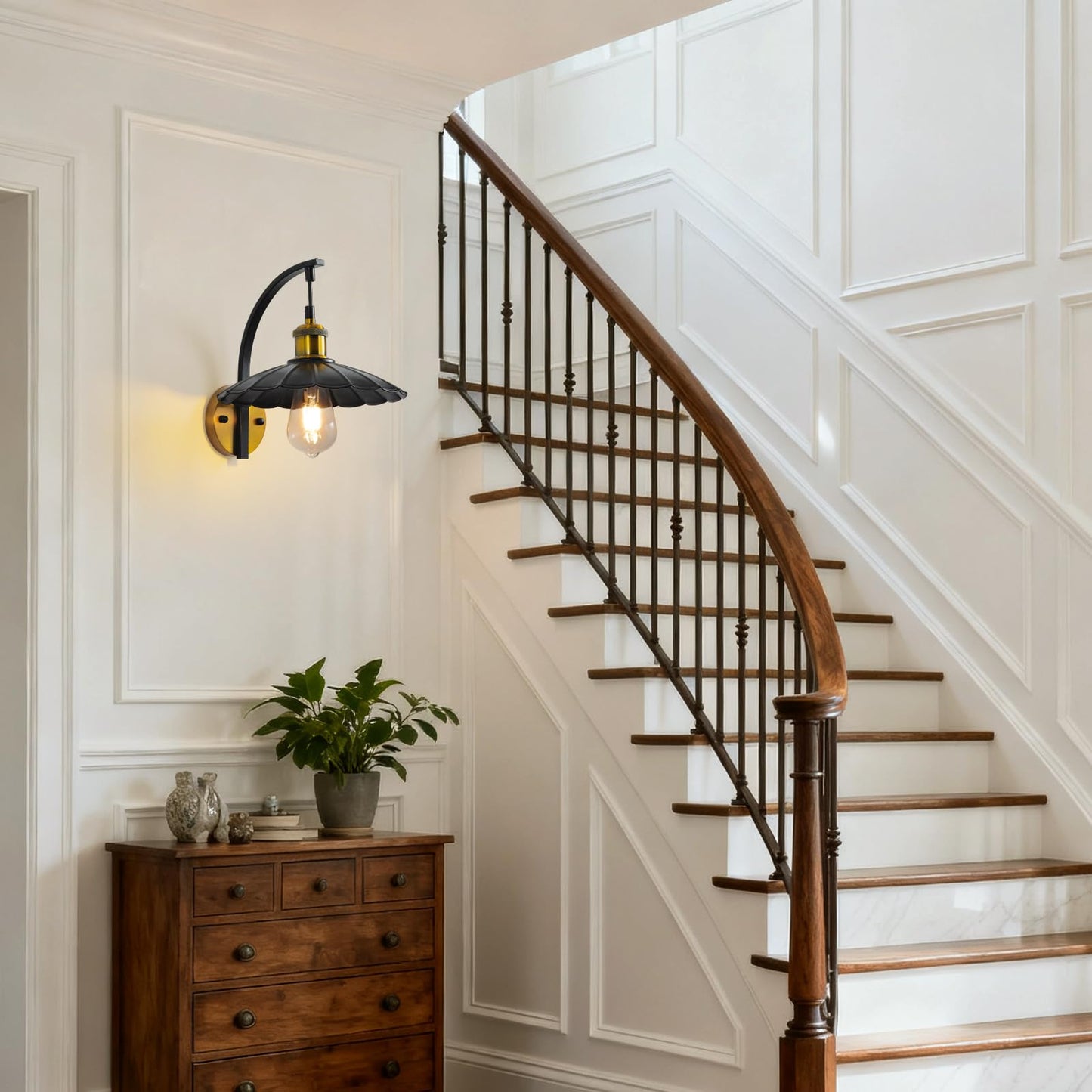 HOREVO Industrial Wall Sconces, Vintage Wall Light Fixtures with Scalloped Metal Shade, Matte Black & Gold Wall Mounted Lamp for Bedroom, Farmhouse
