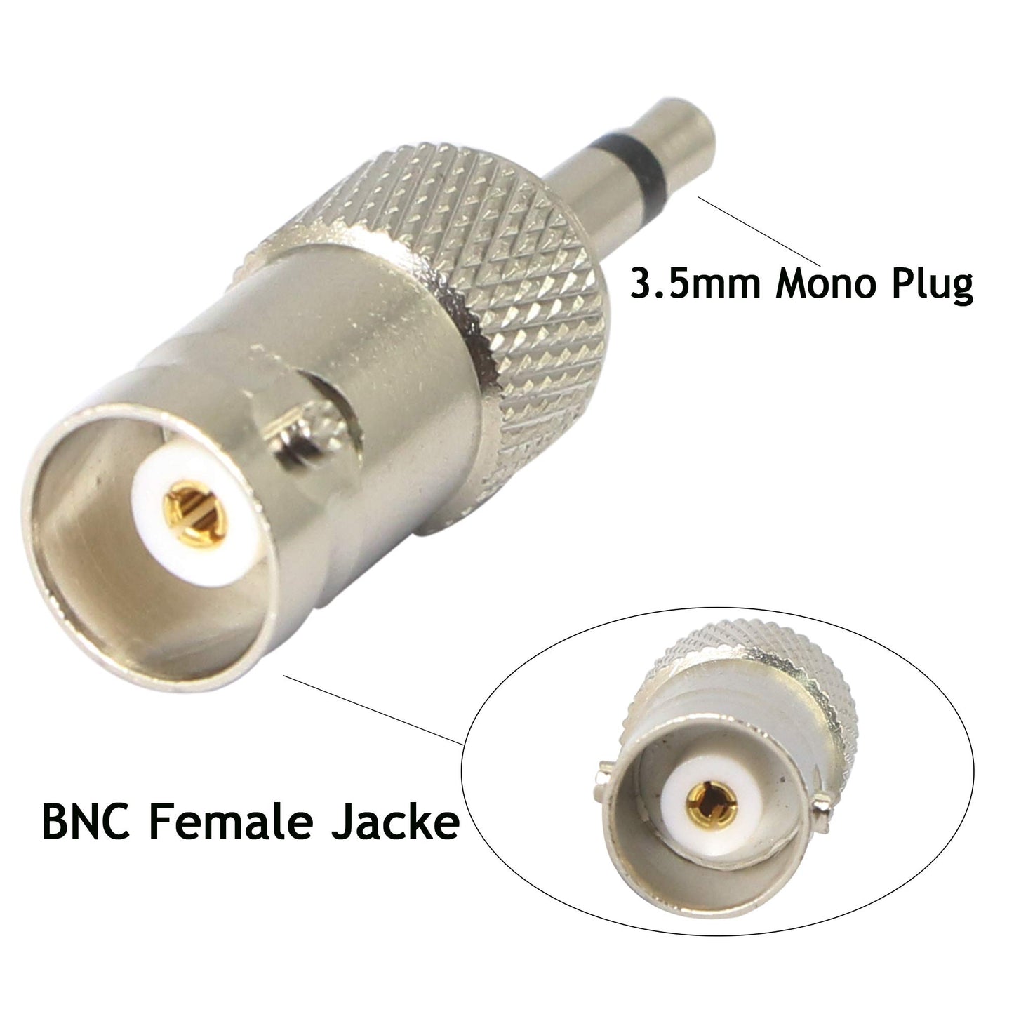 XMSJSIY 3.5mm Mono to BNC Adapter, BNC Female Jack to 1/8" TS Male Plug Nickel-Pated Bidirection Connector for CCTV DVR Camera and More (4 Pack)