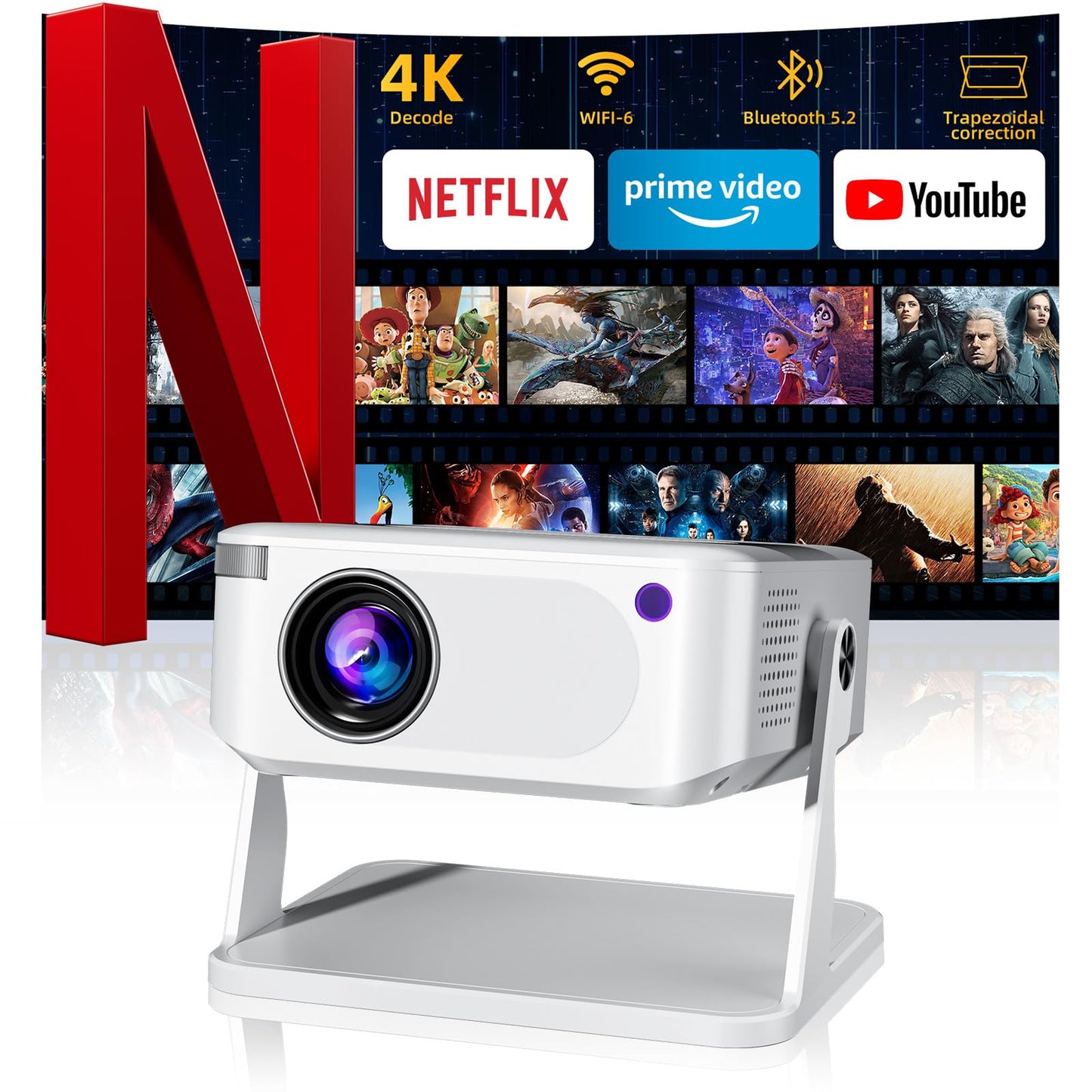 Mini Projector with WiFi 6 and Bluetooth 5.2, Portable Projector 4K Support, Auto Vertical Keystone 270° Rotatable, Compatible with Smartphone/TV