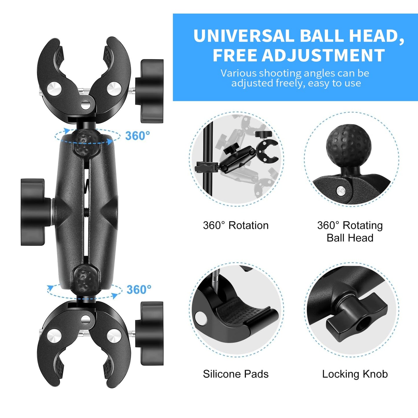 Rctiotuw Universal Sports Camera Mount, Double Clamp with 360° Magic Arm, Heavy-Duty Ball Head Mount, for GoPro,360 Stabilizer (Medium)