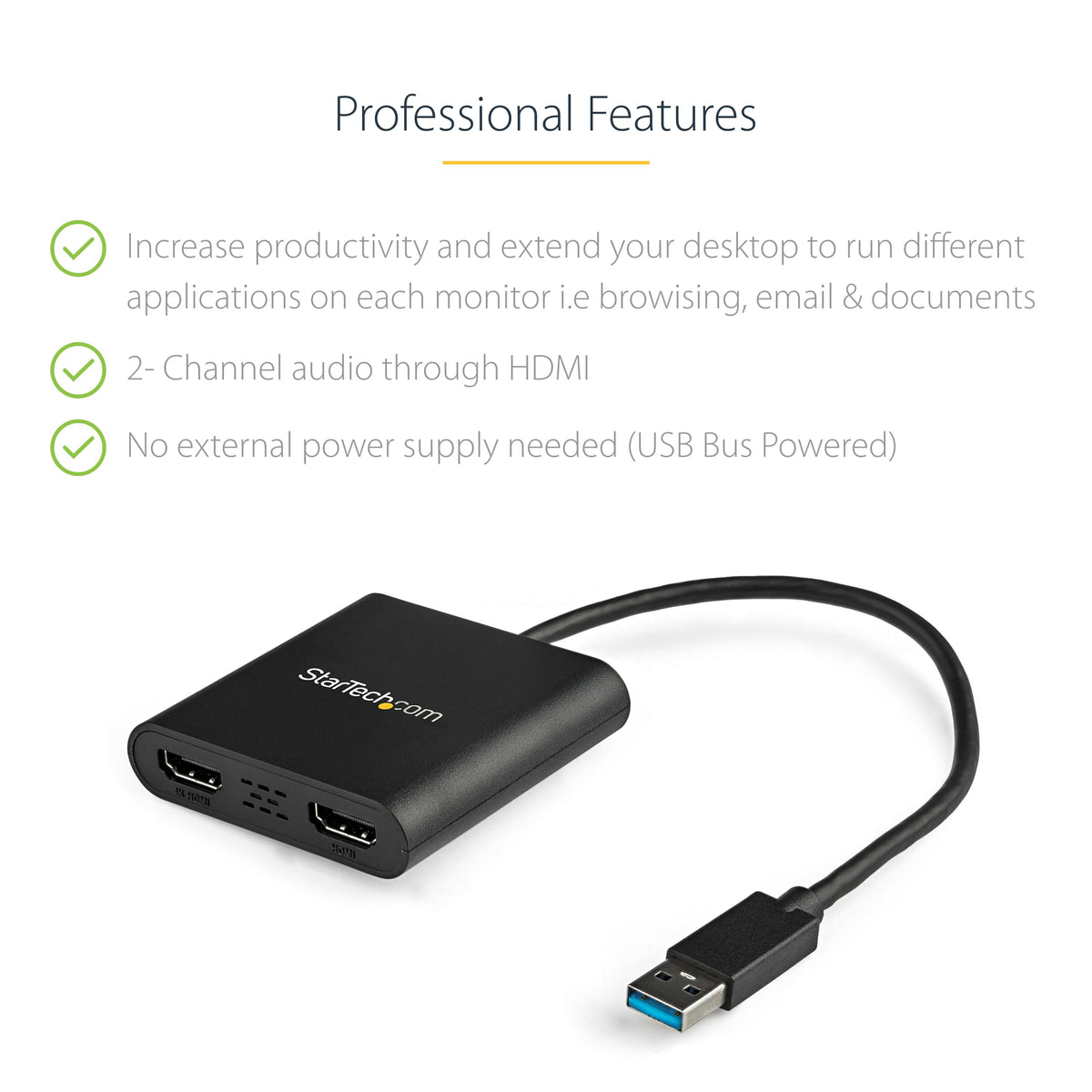 StarTech USB-A 3.0 to Dual HDMI Adapter, 4K 30Hz + 1080p 60Hz, Windows only