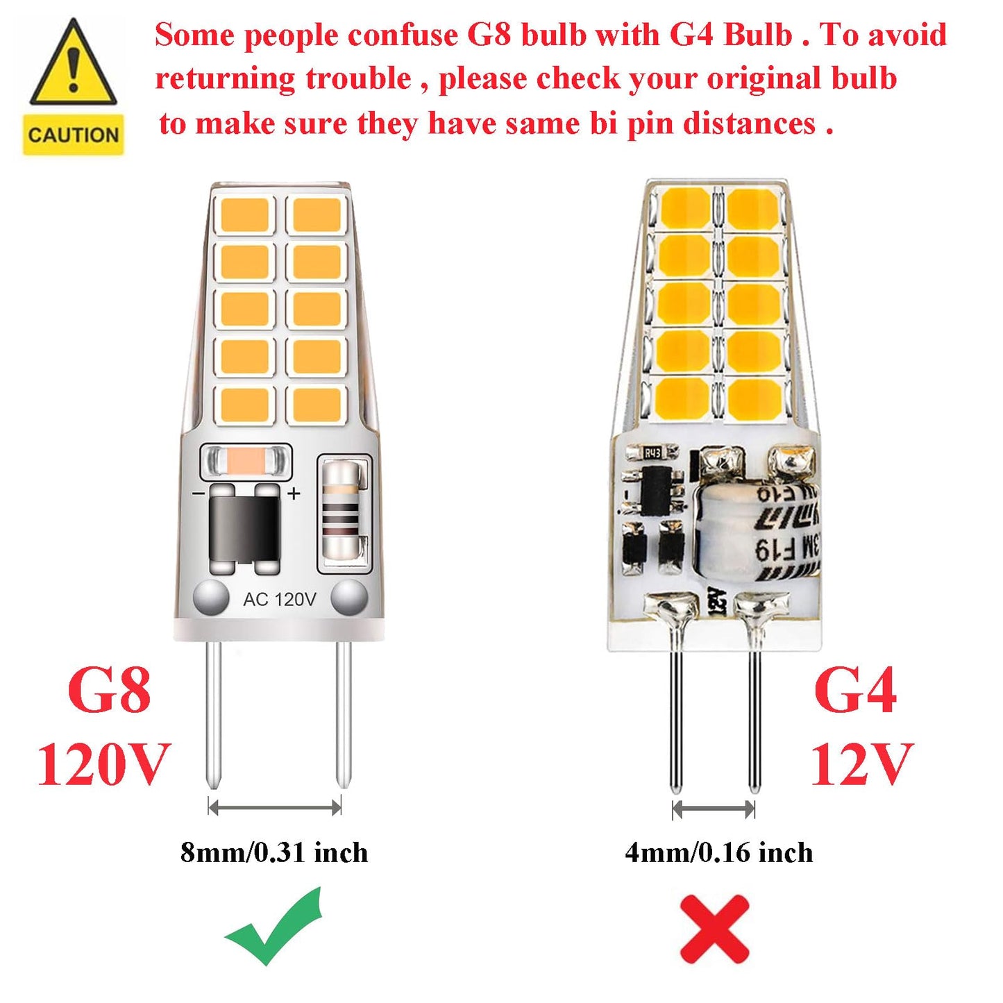 Kapata 5 Pack G8 LED Bulb Soft White 2700K 120V 3W Equivalent to G8 Halogen Bulb 35W T4 JCD Type GY8.6 Bi-Pin Base, Non-dimmable for Under Cabinet