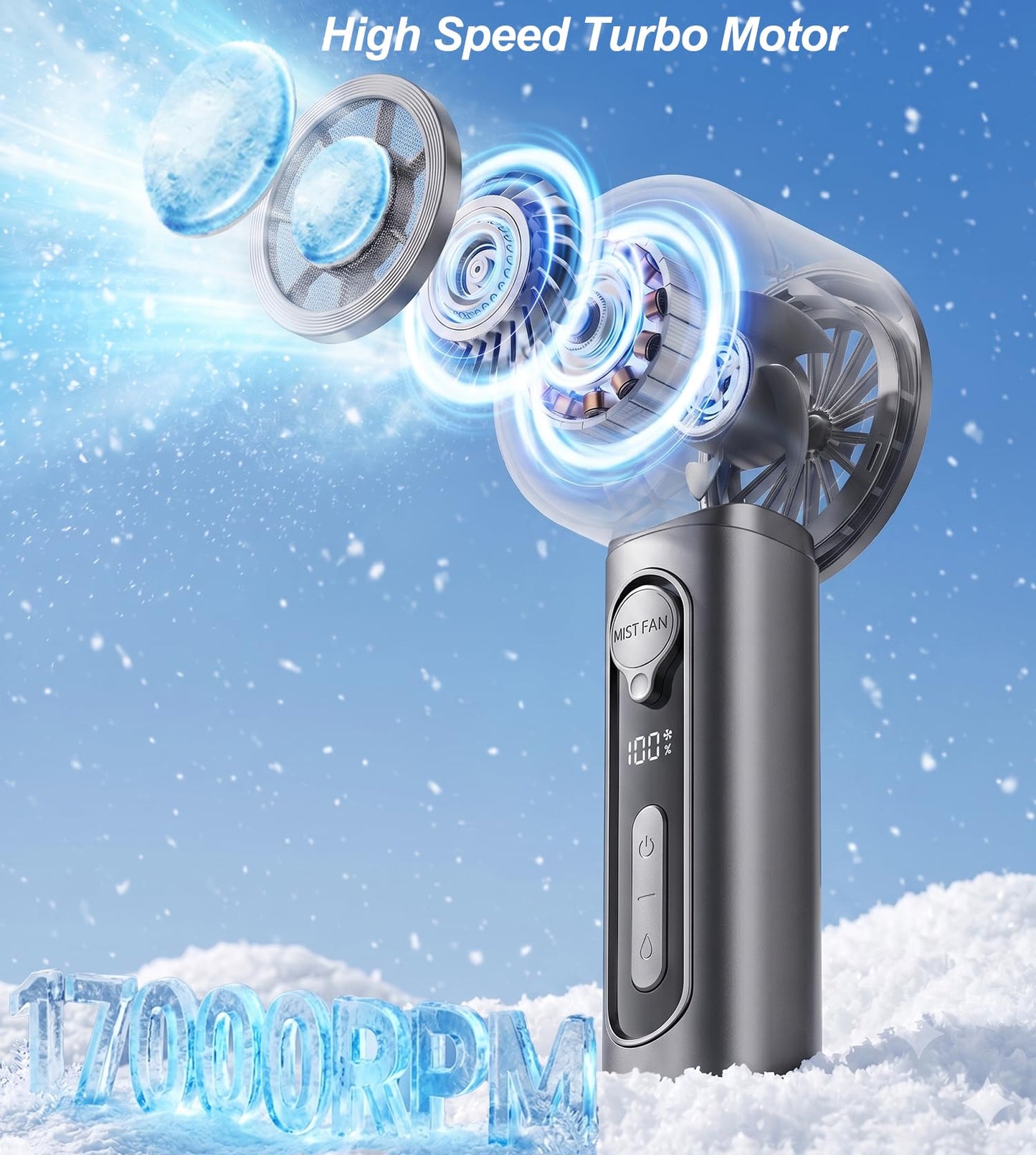 Portable Handheld Misting Fan with Ice Cooling Plate, Personal Mini Hand Held Mister Fan Water Spray, Desk Turbo Fans Rechargeable 17000RPM Blow Cold